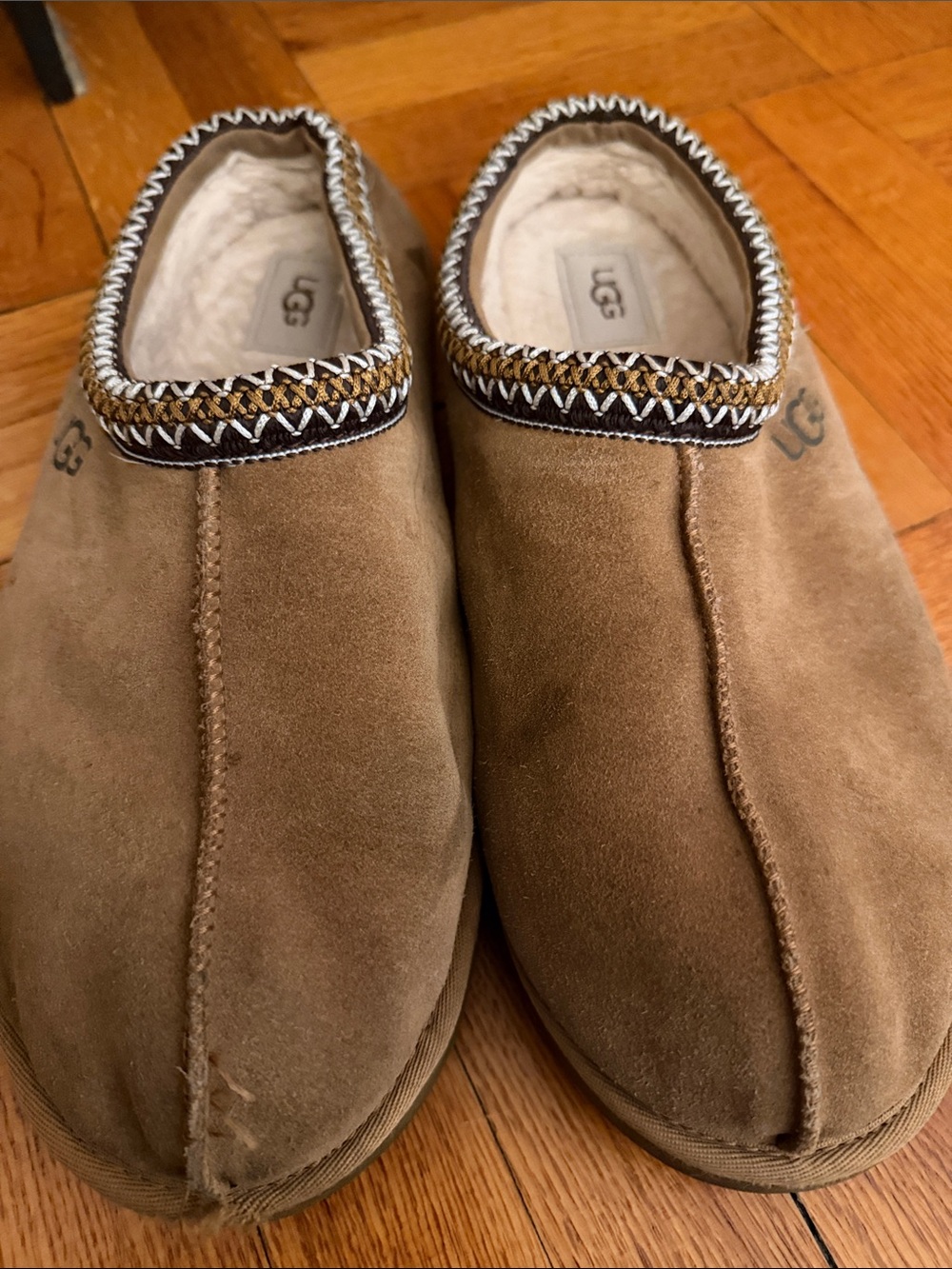 UGG Men's Tan Suede Slip-On Loafers with Decorative Trim